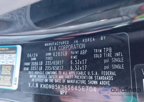 2025 Kia Carnival Mpv Lxs from USA, damaged, VIN KNDNB5K36S6456704